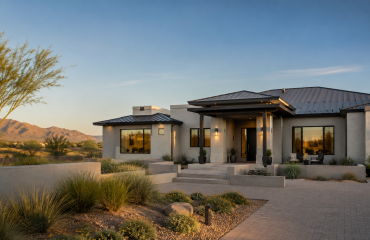 Modern desert-home façade with gray stucco, metal roof, and a covered entry, set against a sunset mountain backdrop.